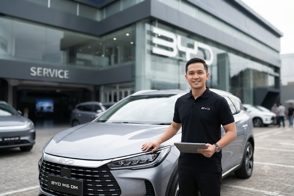 Budiono Siregar, sales consultant BYD Bekasi Timur, bersama BYD M6 DM di showroom